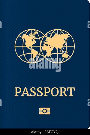 Reisepass mit Weltkarte Globus auf Blau. Die biometrische Identifikation Dokument für Reisen Vorlage. Vector Illustration Stock Vektor