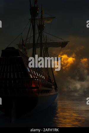 Galeone, alte Zeit Schiff auf dem Meer unter dem leuchtenden Sternenhimmel mit Rauch Atmosphäre. 3D-Darstellung. Stockfoto