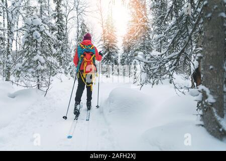 Skitouren - Frau mit Skiern auf einem verschneiten Winter Forest Trail. Yllas, Lappland, Finnland Stockfoto