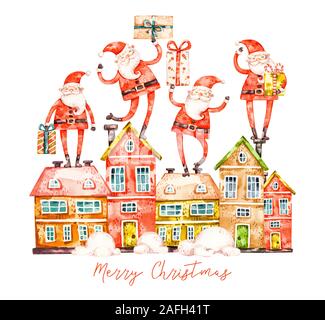 Naive aquarell Weihnachtsmann mit Geschenken fliegen über die Häuser, Gruß Postkarte Abdeckung auf weißem Hintergrund. Frohe Weihnachten und guten Rutsch ins neue Ihr Stockfoto