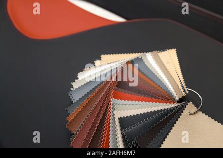 Ein Katalog mit Proben aus echtem Leder Materialien in verschiedenen Farben für die Herstellung von Designer Kleidung, Schuhe und Zubehör. Stockfoto