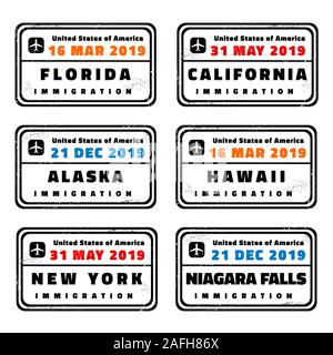 USA Vektor Reisepass Briefmarken Sammlung: Florida, Kalifornien, Alaska, Hawaii, New York und Niagara Falls. Stock Vektor