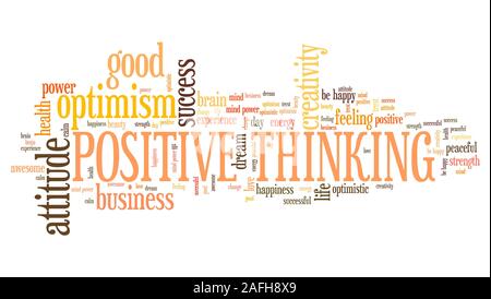 Positives Denken word Cloud. Optimistische Haltung für den Erfolg im Leben. Stockfoto