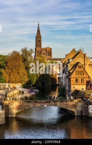 Straßburg iconic Stadtbild. Petite France historischen mittelalterlichen Viertel mit Ill und dem Dom im Hintergrund. Vertikale. Stockfoto