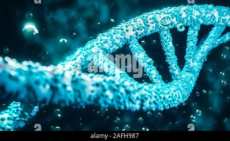 DNA-Stränge der Doppelhelix closeup in Flüssigkeit mit Blasen und Teilchen. Medizin, Biologie, Mikrobiologie, Genetik, 3D-Rendering Illustration mit flachen de Stockfoto