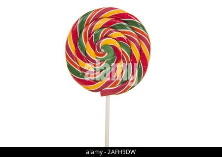 Runde bunte Lollipop auf weißem Hintergrund Stockfoto