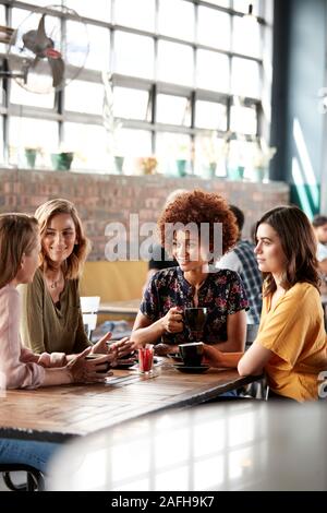 Vier junge weibliche Freunde Treffen sitzen an einem Tisch in Cafe und Reden Stockfoto