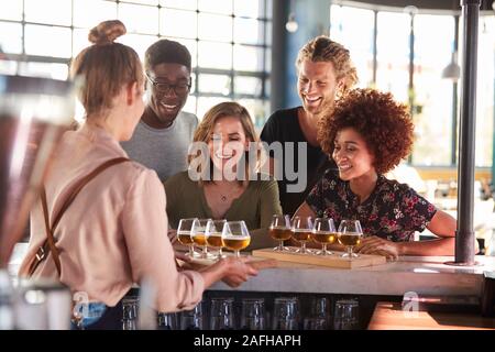 Kellnerin, die Gruppe der Freunde Bierprobe in Bar Stockfoto