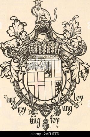 . Wappen Familien: ein Verzeichnis der Herren von Coat-Rüstung. ion von England und ein Fleur-de-lys Alle oder und impalinghis Familienwappen von Burke, nämlich, oder ein cross gules, im ersten und vierten Quartal Löwen Zobel, theescutcheon wird durch die Multifunktionsleiste der Änderung des Viktorianischen Um umgeben, und an seinem Kragen von SS., andpendent sein Abzeichen als Strumpfband König von Waffen, und als aKnight Kommandant der Royal Victorian Order, anda Begleiter des Ordens der Badewanne, und in saltirebehind der Schirm zwei Darstellungen des Zepters Silber-support gilt. Über dem Wappenschild ist der crownof seinen Rang platziert, Stockfoto