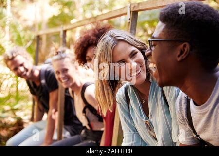 Fünf junge erwachsene Freunde auf einer Wanderung, sitzen gemeinsam im Gespräch während einer Pause, in der Nähe Stockfoto