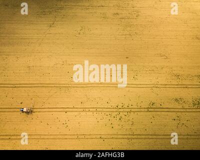 Traktor sprühen Ernten in Feld, Luftaufnahme von Drone pov Stockfoto