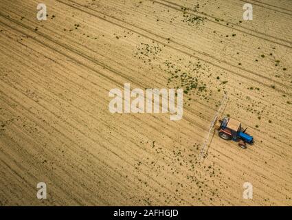 Traktor sprühen Ernten in Feld, Luftaufnahme von Drone pov Stockfoto