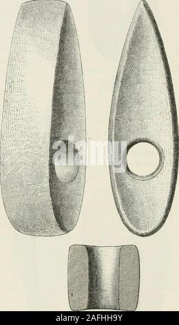 . Die alte steinerne Werkzeuge, Waffen und Schmuck, von Großbritannien. Abb. 124.- Stourton. Muster gehören zu dieser Klasse. Es ist von Greenstone gebildet, portionsof die natürliche Verbindungen, von denen sind immer noch auf der Oberfläche sichtbar. Es scheint 172 perforierte Achsen. [Kap. Viii in Form, indem Sie anstatt zu schleifen gearbeitet haben; aber das Loch erscheint, aus dem Charakter der Oberfläche, beenground zu haben. Sei es durch den Stein fortgesetzt worden, Es wouhl probablyhave erheblich im Durchmesser vergrößert worden, und wenn ja, die implementwould haben viel um das Loch geschwächt. Es scheint, p Stockfoto