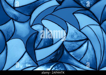 Foto von einem kleinen Fragment eines schönen Glasmalereien in trendigen Blau. Trendy blau Hintergrund für Ihr Design. Trendy Hintergrund. Farbe des Ja Stockfoto