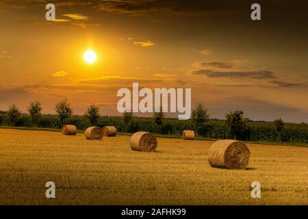 Sonnenuntergang über Bauernhof Feld mit Strohballen. Tschechische Landschaft. Stockfoto