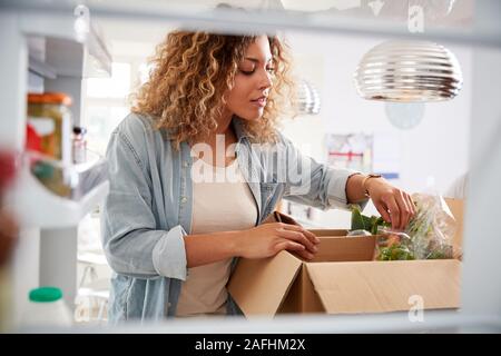 Blick aus dem Inneren des Kühlschranks als Frau entpackt Online Home Food Delivery Suchen Stockfoto