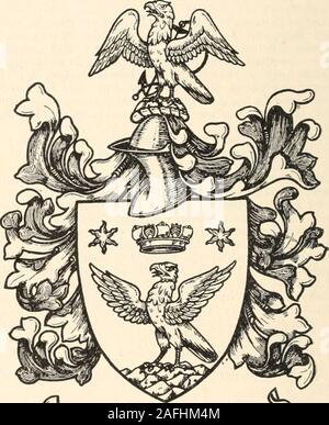 . Wappen Familien: ein Verzeichnis der Herren von Coat-Rüstung. n und Dorset, Ende Lieut. 24. regt., durch seine wifeMary Katherine, eldestdau. Von Everson Harrisson, Esq., ofTolethorpe Hall, Rutlandshire, J.P. Wappen (H. Coll.) - Argent, sechs Pellets, Drei, Zwei, Eins, ein chiefembattled Zobel, darauf eine Raute fessewise des Feldes, mit einem Kreuz pat 6e des zweiten zwischen iwocrescents der ersten Rechnung. Helmdecke sable und Argent. Crest - Auf einen Kranz der Farben, von Zinnen Zobel, adexter Elle arm unverfallbar, aufgeladen mit zwei bendlets der ersten wavyof, Halten in der Hand Stockfoto