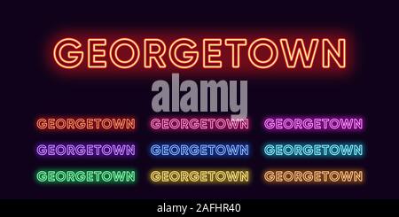 Neon Georgetown Name, Stadt in Malaysia und Guyana. Neon Text von Georgetown City. Vektor einrichten von glühenden Schlagzeilen mit transparenten Hintergrundbeleuchtung. Rot Rosa Stock Vektor