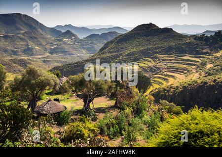 Äthiopien, Tigray, K'Eyih, Gehöft unter terrassenförmigen landwirtschaftliche Felder in einer spektakulären Landschaft, die Zeit der Ernte Stockfoto