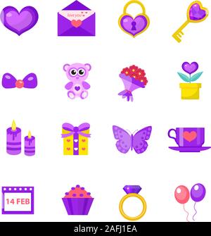 Valentines Tag Icon Set, flacher Stil. Liebe, Romantik und dating Symbole Sammlung, Design Elements, Objekt auf weißem Hintergrund. Herz, liebe Stock Vektor