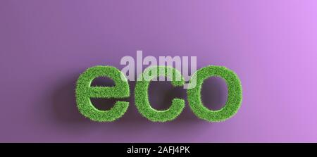 Wort Präfix eco aus Gras auf hell-lila Hintergrund, Konzept der Ökologie, Konservierung, ökologische Produktion, 3D-Rendering, 3D-Darstellung Stockfoto