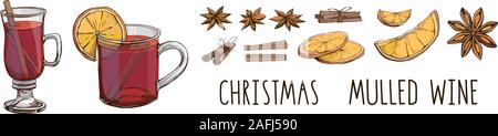 Glühwein mit Gewürzen und Orangenscheiben. Set aus bunten Vektorgrafiken und modernen Schriftzug isoliert auf Weiss. Winter. Beliebte Weihnachten trinken. Stock Vektor