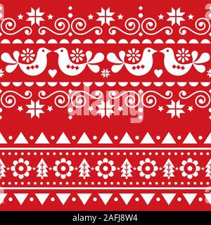 Skandinavische Weihnachten folk nahtlose Vektor lange Muster, sich wiederholende Winter cute Nordic Design mit Vögeln, Weihnachtsbäume, Schneeflocken und Blumen Stock Vektor