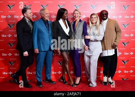 Olly Murs, Tom Jones, AJ Odudu, Emma Willis, Meghan Trainor und will.i.am an der Sprachkonferenz UK Serie 9 Starten im Soho Hotel, London statt. Stockfoto