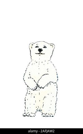 Polar Bear. Schwarzer Umriss auf weißem Hintergrund. Hand zeichnen Aquarell Skizze. Bild kann in Grußkarten, Poster, Flyer, Banner, Logo verwendet werden, Stockfoto
