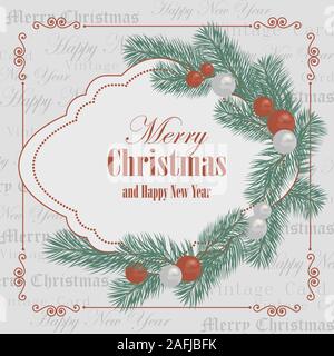 Frohe Weihnachten und Neujahr Grußkarte mit Zweigen mit Kugeln im Vintage Stil eingerichtet Stock Vektor
