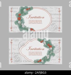 Horizontale Banner. Frohe Weihnachten und Neues Jahr Einladungen mit Zweigen mit Kugeln im Vintage Stil eingerichtet Stock Vektor