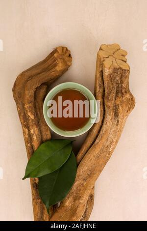 Die traditionelle Medizin Ayahuasca. Banisteriopsis caapi Holzstücke. Medizinische natürliche Psychedelika, Enteogens. Stockfoto