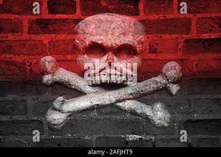 Die Flagge der Rechten Sektor der Ukraine malte auf eine Wand mit einem Bild von einem Totenkopf, Textur, Hintergrund. Konzept Tod bringen Stockfoto