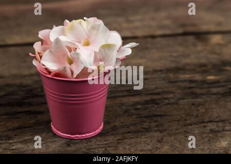 Pastell rosa Hortensie Blumen in einer kleinen Schaufel auf Holz Hintergrund. Kopieren Sie Platz für Text. Stockfoto