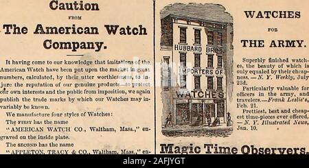 . Harper's Weekly. Double-Time Duplex Stop-Watch, FOP. WATeHlSS AKTIIXEKITS, neuen Armee. Die GROSSE NEUE ARMEE lis; alaliaah! CIO -,- GOLDCOMPOSITE,.. arnenr nborca , 15 $ walchlm 0 EElL Eine 7 15 $&gt; K  FINE DOUULE unten silber^ r-.* - 25 $ SnicnSoT™ SSbS S25 der amerikanischen WatchCompany.. Bobinen & APPLETON, Agenten für die amerikanische Watch Company, 182 Broadway, N. T. Siehe zu Ihrer Gesundheit! Für 30 Cent, 70 Cent, oder 1 $ 10, Il.. - Ein. Ein: ht. ,.,! 1. laoiarj:, l; 0 I.} JOSIIPII WAI. Alle, Magic Zeit Beobachter, die Vollkommenheit der Mechanismus! Eine Jagd, oder offenem Gesicht, oder Ladys oder Gentlemans Watch kombiniert, w Stockfoto