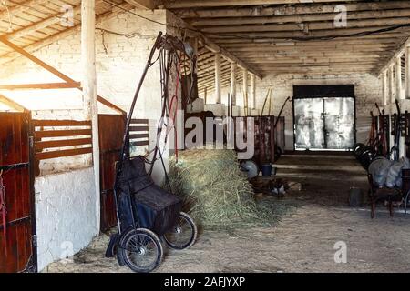 Alte, leere Ställe Stall bei Horse Farm mit Holzbalken, sulky Warenkorb und Heu für die Fütterung der Tiere. Helle Sonnenuntergang Himmel scheint von der Seite Fenster Stockfoto