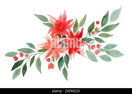 Aquarell Blumenstrauß auf Weiß, florales Design mit rot und orange Blumen isoliert, künstlerische Blumenschmuck Stockfoto