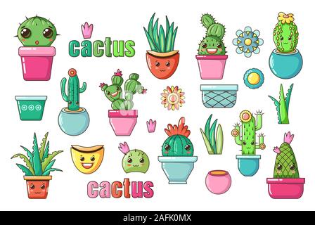Süße schöne kawaii Haus pflanzen Vektor Kunst Blumen Kaktus mit Kawaii Gesichter in Töpfen. Cartoon Stil isoliert. Baumschule Icon Set für Grußkarten drucken Stock Vektor