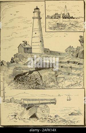 . King's Handbuch der Boston Harbor. enthält eine feste Rotlicht, für sieben Meilen sichtbar. Sie wurde 1856 gebaut, davor zu warnen, dass Schiffe againstthe gefährlich Hardings Leiste, die sich aus Punkt Allerton. Eine der Studien, die Thebest Halsall gemalt hat, stellt dieser malerischen Leuchtturm, mitten im tosenden Meer. Zu einer Zeit, als Hirten followedtheir Berufung auf diesen Inseln, eine große Herde von Schafen wurden vertrieben ander Bar von aufgeregt, Hunde, und es hielt, gepresst zusammen in Angst und Schrecken, bis Sie alle therising Flut ertrunken. Die light-house Insel, einst bekannt als wenig Brewster, oder Beacon Island, Stockfoto