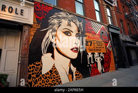 Debbie Harry von der New Yorker Punk Band Blondie, abseits der Bleecker Street, Greenwich Village, Lower Manhattan, in der Nähe des CBGBs OMFUG Club Standortes, NYC, NY, USA Stockfoto