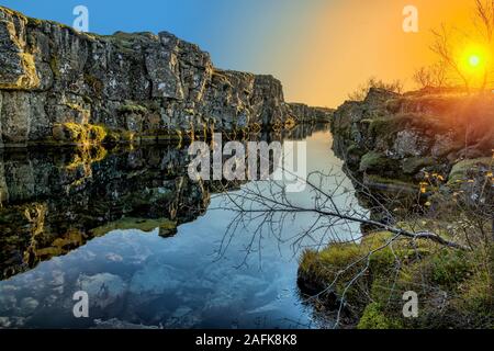 Lava und Moos, Mittelatlantischen Rücken - Flosagja riss. Thingvellir Nationalpark, UNESCO-Weltkulturerbe, Island. Stockfoto