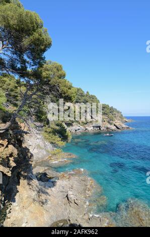 Blick von der Küstenweg von der Mittelmeerküste im Domaine du Rayol botanischen Garten Rayol-Canadel-sur-Mer Var Provence-Alpes-Côte d'Azur Frankreich Stockfoto