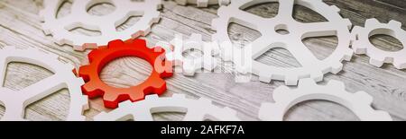 Red Leader Zahnräder Panoramablick auf das Konzept. 3D-Rendering Stockfoto