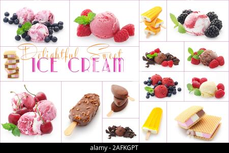 Collage aus verschiedenen Sorten Eis isoliert auf weißem Stockfoto