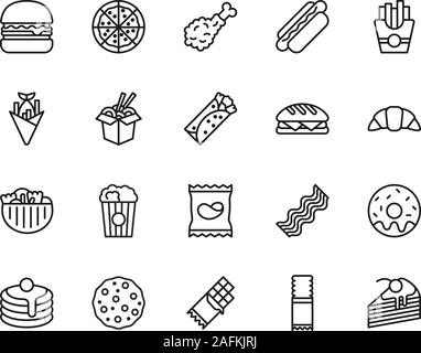 Fast Food oder Junk Food Symbole Thin Line Set groß Stock Vektor