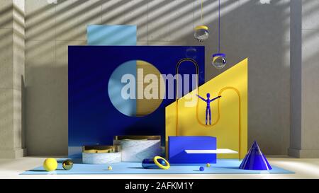 Abstrakte realistische Zusammensetzung im modernen Stil. Minimalistisches Design mit industriellen Raum. Reihe von blauen und gelben Farben. 3D-Rendering Stockfoto