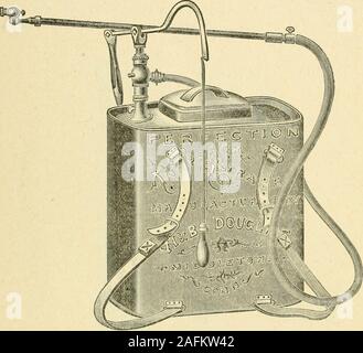 . Bulletin. Abb. 1. Die Pumpe mit dem Fass verbunden, wie in Abb. 1, wurde weitgehend fürdie Arbeiten an der Station verwendet und ist mit Abstand die wirtschaftlichste methodof Anwendung von Fungiziden und Insektiziden im großen Maßstab. Die pumpshould an der Seite des Behälters angebracht werden und in einer cartor auf einem Stein - Boot montiert werden. Die höchsten Bäume zu erreichen, ein Stück der Hälfte 45 Zoll Gasleitung 10 Fuß lang, mit schlauchverschraubung an jedem Ende, wurde verwendet. Wenn die Vermoiel Düse mit dem Spray, das auf der einen Seite ist usedthe Rohr brauchen nicht verbogen sein, aber wenn eine der verstellbaren straiuhtnozzles verwendet werden sollte das Rohr gebogen werden, bei t Stockfoto