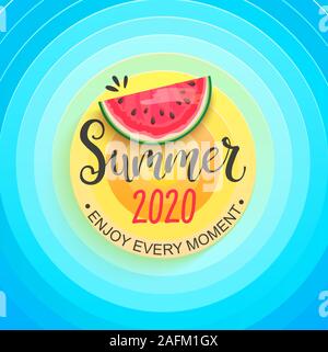 Hallo Sommer 2020. Sonne, Himmel und Wassermelone. Stock Vektor