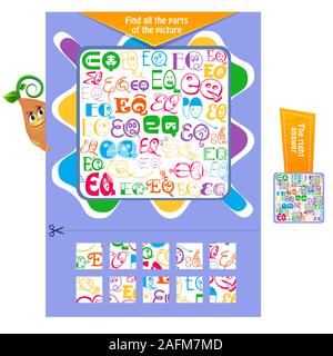 Logik Puzzle Spiel für Kinder und Erwachsene. Entwicklung von Aufmerksamkeit. Aufgabe Spiel für Kinder Hier finden Sie alle Teile des Bildes. Druckbare Seite für Bra Stock Vektor