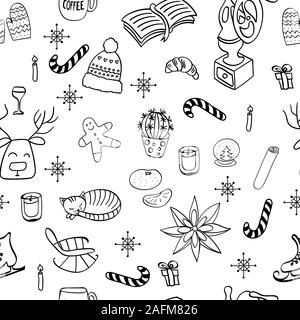 Monochrome nahtlose Muster mit hygge Hand gezeichneten Elemente. Schwarzer umriss Objekte auf weißem Hintergrund. Vector Illustration. Stock Vektor